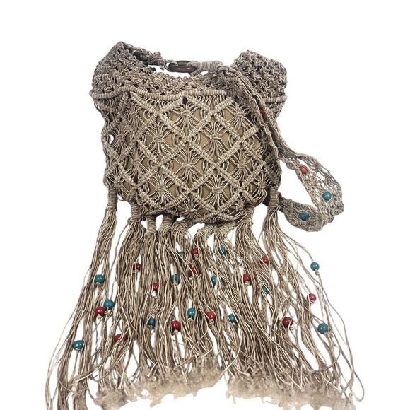 Hot Kiss Purse Womens Macrame Rope Fringe Boho 70’s Hippie Bag Vintage Indie - Picture 9 of 11